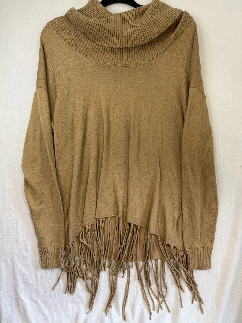Michael Kors Fringe Hem Cowl Neck Sweater Oversized Fit - Camel Size Smallaa